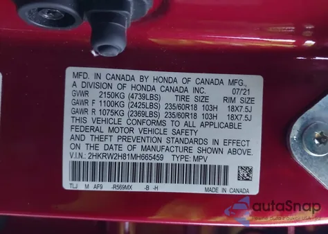 2021 Honda Cr-V Awd Ex-L from USA, damaged, VIN 2HKRW2H81MH665459